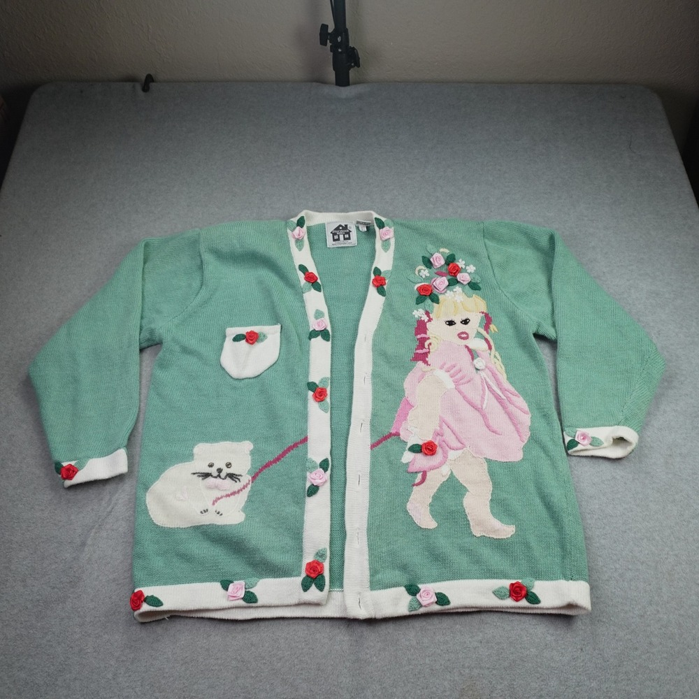 Storybook Knits Cardigan Womens L Green Vintage Girl Cat Floral Sweater